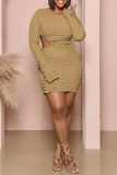 Khaki Casual Solid Hollowed Out O Neck Long Sleeve Plus Size Dresses