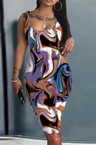 Coffee Casual Print Basic U Neck Vest Dress Dresses