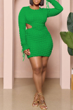 Green Casual Solid Hollowed Out O Neck Long Sleeve Plus Size Dresses