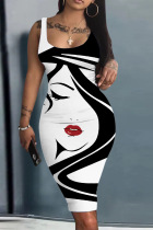 Black White Casual Print Basic U Neck Vest Dress Dresses