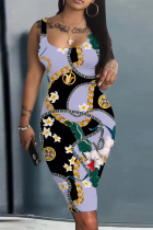 Black Purple Casual Print Basic U Neck Vest Dress Dresses