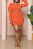Tangerine Red Casual Solid Hollowed Out O Neck Long Sleeve Plus Size Dresses