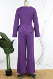Purple Casual Solid Flounce V Neck Long Sleeve Two Pieces