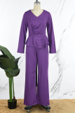 Purple Casual Solid Flounce V Neck Long Sleeve Two Pieces