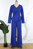 Blue Casual Solid Flounce V Neck Long Sleeve Two Pieces