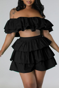 Black Sexy Street Solid Patchwork Flounce Off the Shoulder Short Sleeve Two Pieces