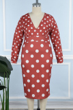 Red Casual Dot Patchwork V Neck Pencil Skirt Plus Size Dresses