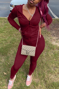 Burgundy Fashion Casual Solid Basic Hooded Collar Long Sleeve Two Pieces