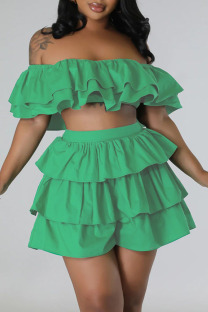 Green Sexy Street Solid Patchwork Flounce Off the Shoulder Short Sleeve Two Pieces