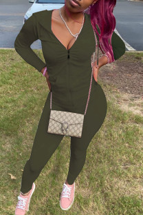 Army Green Fashion Casual Solid Basic Hooded Collar Long Sleeve Two Pieces