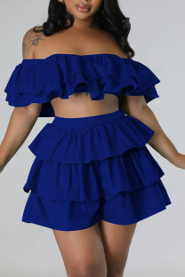 Blue Sexy Street Solid Patchwork Flounce Off the Shoulder Short Sleeve Two Pieces
