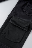 Black Gray Casual Solid Patchwork Regular High Waist Conventional Solid Color Jeans