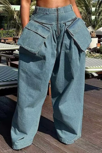 Blue Elegant Solid Pocket Zipper Mid Waist Loose Denim Jeans