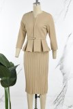 Khaki Elegant Solid Patchwork Fold With Belt Zipper V Neck Pencil Skirt Dresses（Belt Included）