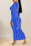 Blue Fashion Sexy Patchwork Hot Drilling See-through V Neck Long Sleeve Dresses