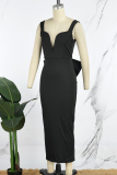 Black Casual Sweet Daily Elegant Backless Solid Color With Bow Spaghetti Strap Dresses