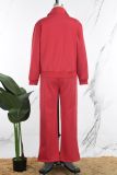 Red Casual Solid Patchwork Draw String Pocket Zipper Mandarin Collar Long Sleeve Two Pieces