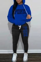 Blue Casual Letter Print Basic Hooded Collar Long Sleeve Two Pieces