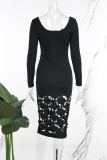 Black Casual Daily Elegant Hollowed Out Solid Color U Neck Dresses