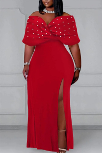 Red Sweet Daily Elegant Simplicity Formal Slit Off the Shoulder Asymmetrical Plus Size
