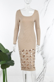 Khaki Casual Daily Elegant Hollowed Out Solid Color U Neck Dresses