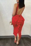 Red Casual Sweet Daily Elegant Backless Solid Color With Bow Spaghetti Strap Dresses