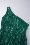 Green Sexy Formal Patchwork Sequins Slit Oblique Collar Evening Dress