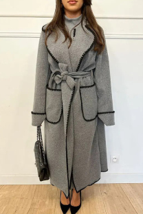 Grey Casual Solid Patchwork With Belt Turndown Collar Outerwear
