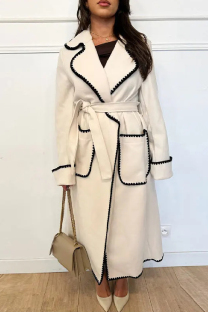 White Casual Solid Patchwork With Belt Turndown Collar Outerwear