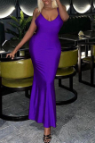 Purple Sexy Casual Solid Backless Spaghetti Strap Long Dress Dresses