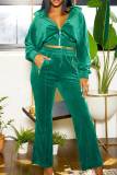 Green Casual Solid Patchwork Draw String Pocket Zipper Turndown Collar Long Sleeve Two Pieces