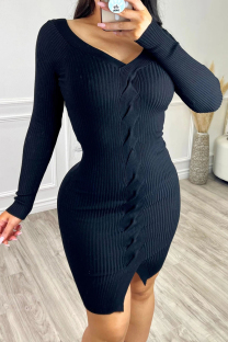 Black Elegant Solid Patchwork V Neck Sheath Dresses