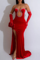 Red Sexy Formal Patchwork Hot Drilling See-through Backless Slit Long Dress (With Sleeves)