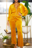 Yellow Casual Solid Patchwork Draw String Pocket Zipper Turndown Collar Long Sleeve Two Pieces