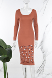 Khaki Casual Daily Elegant Hollowed Out Solid Color U Neck Dresses