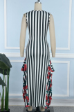 Blue Casual Sweet Daily Simplicity Mixed Printing Striped Printing Contrast O Neck Dresses