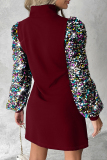 Burgundy Elegant Print Sequins Patchwork Buttons O Neck Long Sleeve Dresses
