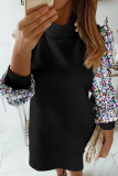 Black Elegant Print Sequins Patchwork Buttons O Neck Long Sleeve Dresses