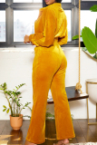 Yellow Casual Solid Patchwork Draw String Pocket Zipper Turndown Collar Long Sleeve Two Pieces