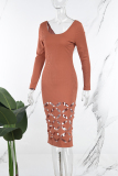 Caramel Colour Casual Daily Elegant Hollowed Out Solid Color U Neck Dresses