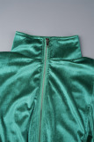 Green Casual Solid Patchwork Draw String Pocket Zipper Turndown Collar Long Sleeve Two Pieces