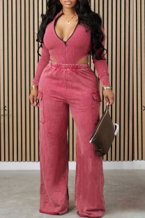 Pink Street Solid Patchwork Pocket Zipper O Neck Long Sleeve Two Pieces