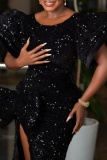 Black Formal Patchwork Sequins Slit O Neck Evening Dress Plus Size Dresses