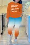 Orange Casual Gradual Change Letter Print Basic O Neck Long Sleeve Two Pieces