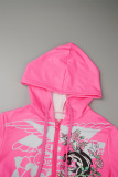 Rose Red Sweet Print Patchwork Draw String Pocket Zipper Hooded Collar Long Sleeve Two Pieces