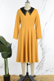 Khaki Casual Solid Patchwork Turndown Collar Long Sleeve Dresses