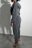 Grey Casual Solid Patchwork Pocket Zipper Hooded Collar Long Sleeve Two Pieces
