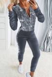 Grey Casual Solid Sequins Patchwork Zipper O Neck Long Sleeve Two Pieces