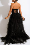 Black Sexy Plus Size Solid Patchwork See-through Backless Strapless Evening Dress