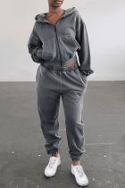 Grey Casual Solid Patchwork Pocket Zipper Hooded Collar Long Sleeve Two Pieces